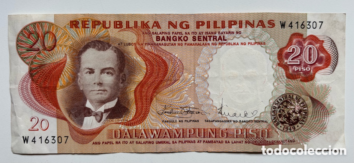 Billetes extranjeros: Billete FILIPINAS 20 Piso (1970)
