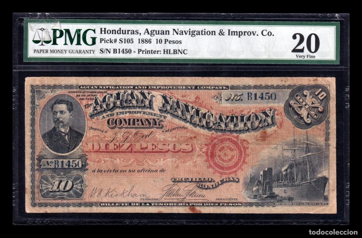 Billetes extranjeros: Honduras 10 Pesos Luis Bogr&aacute;n Barahona 1886 Pick S105 PMG 20 Mbc Vf