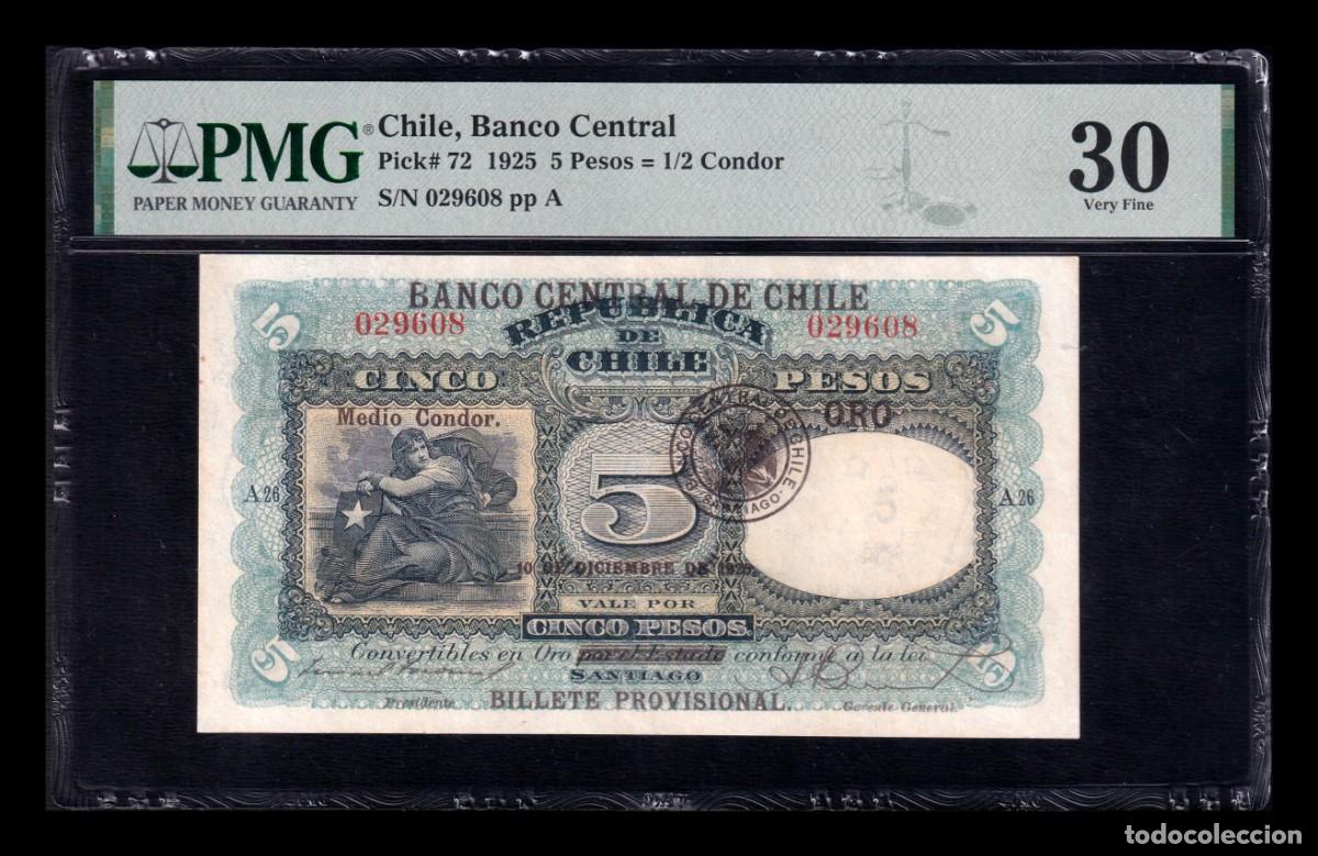 Billetes extranjeros: Chile 5 Pesos Oro 1/2Condor 1925 Pick 72 PMG 30 Mbc Vf
