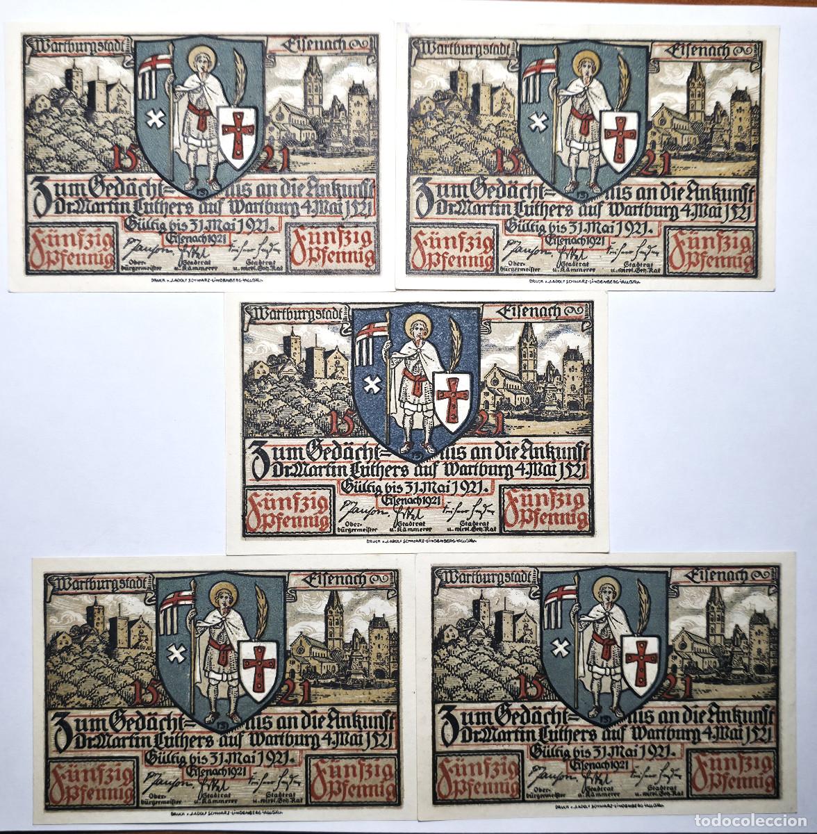 Banconote internazionali: SERIE 5 BILLETES NOTGELD, EISENACH 1921 CONMEMORACION 400 ANIVERSARIO LLEGADA MARTIN LUTERO CASTILLO
