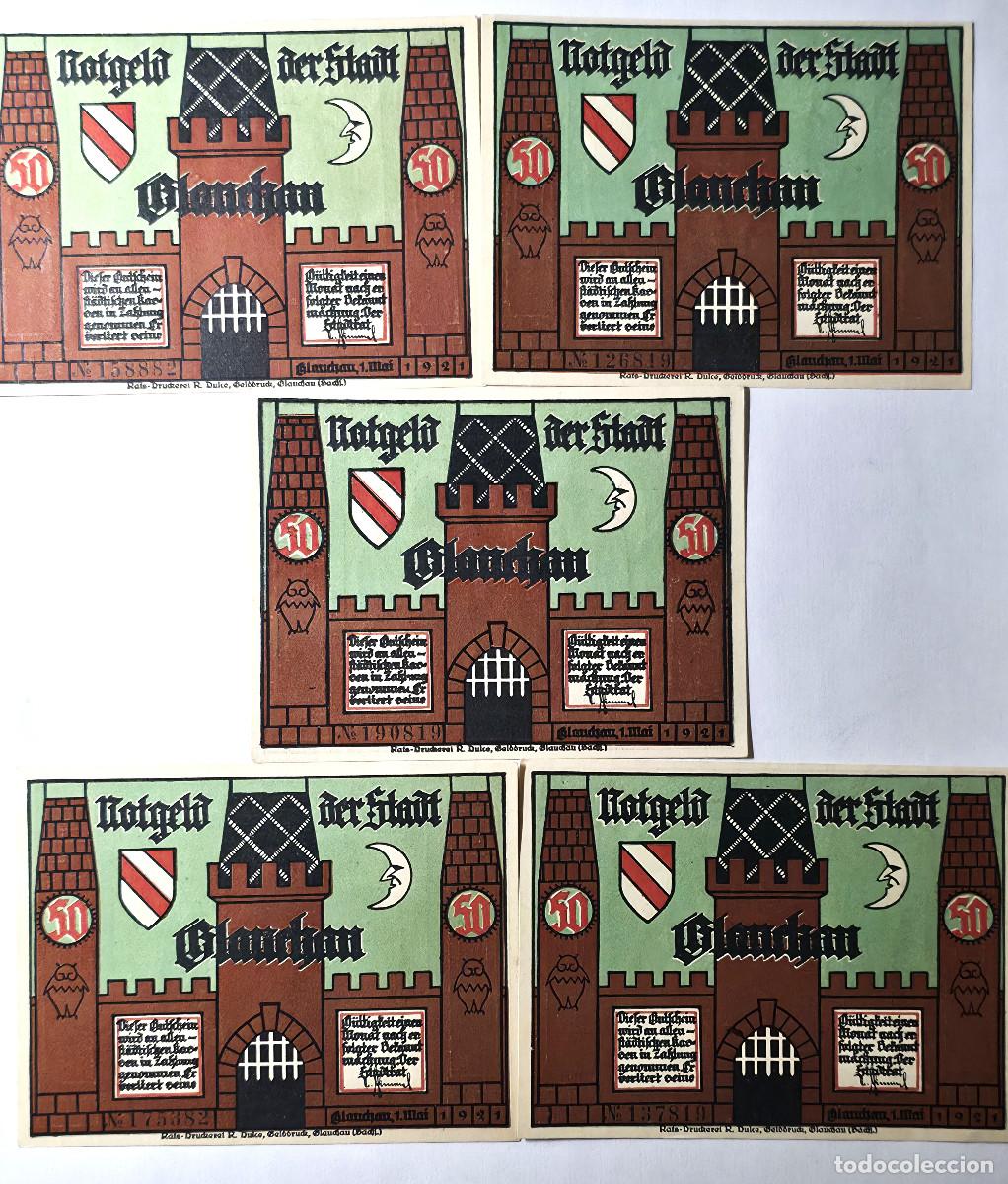 International Banknotes: SERIE 5 BILLETES NOTGELD DIFERENTES, CIUDAD DE GLAUCHAU (SAJONIA) 1921