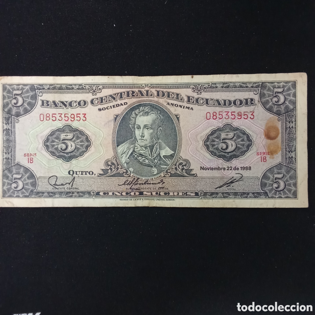 Billetes extranjeros: Ecuador 5 sucres a&ntilde;o 1988