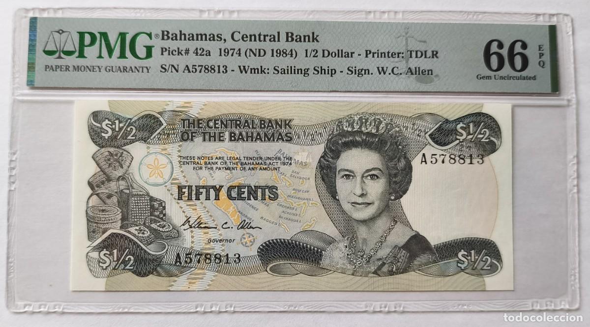 Billetes extranjeros: Billete Bahamas 1/2 Dolar 1974-84 P-42a PMG 66 EPQ Gem Uncirculated S/N: A578813