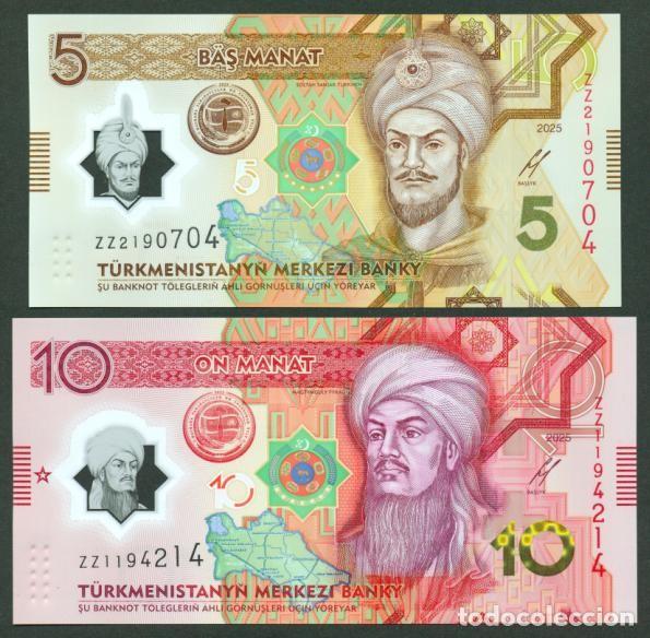 Billetes extranjeros: TURKMENISTAN. Conmemorativos 5 + 10 manat 2025. S/C. Polimero. Reposicion - prefijo ZZ ambos.