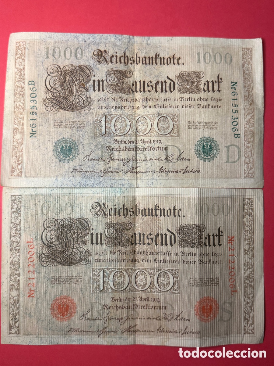 Billetes extranjeros: 2 billetes Alemania 1.000 Mark 1910 &ndash; Reichsbanknote &ndash; variantes roja y verde