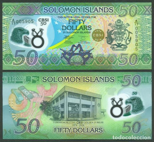 Billetes extranjeros: Islas Salomon (Solomon). Conmemorativo 50 $ S/F(2026). Polimero. S/C. 50 aniv. Banco Central.