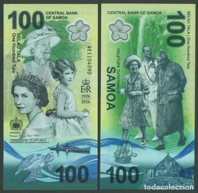 Billetes extranjeros: SAMOA. Conmemorativo del centenario de Reina Isabel II. 100 tala 2026. Polimero. S/C. Fauna, barcos.