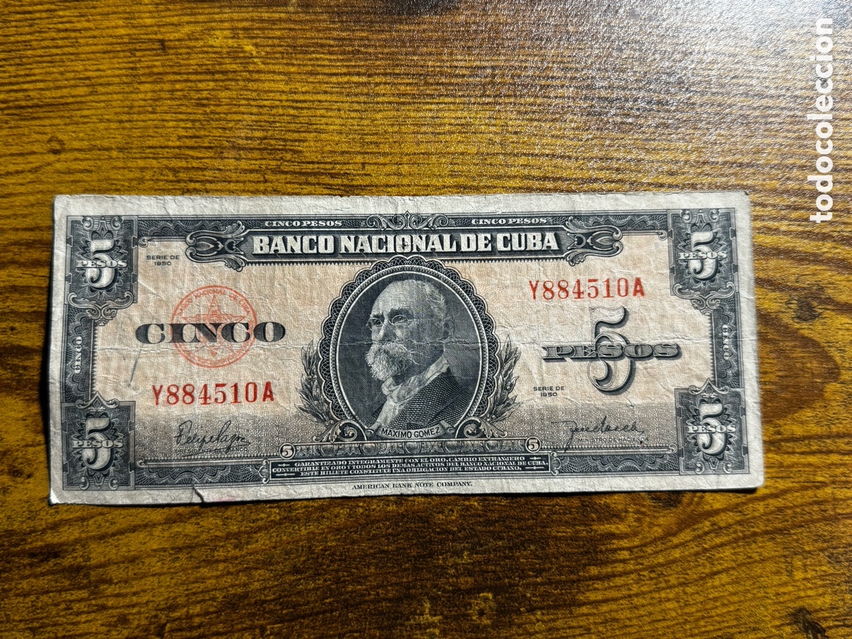 Billetes extranjeros: Billete de 5 pesos 1950 Cuba Republicana. Circulado. A&ntilde;o escaso