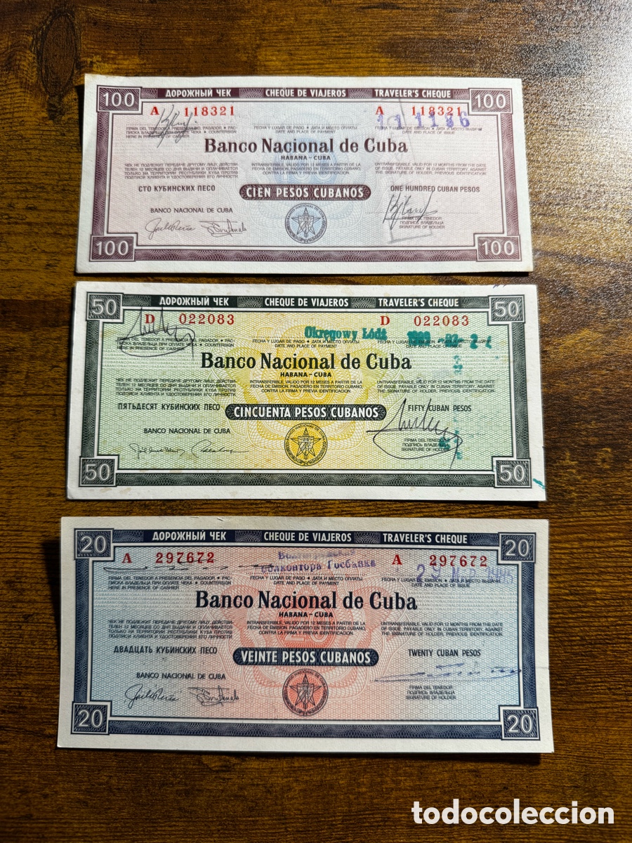 Billetes extranjeros: Lote de 3 cheques de viajero Cuba d&eacute;cada 1980s. 20, 50 y 100 pesos. Dif&iacute;ciles