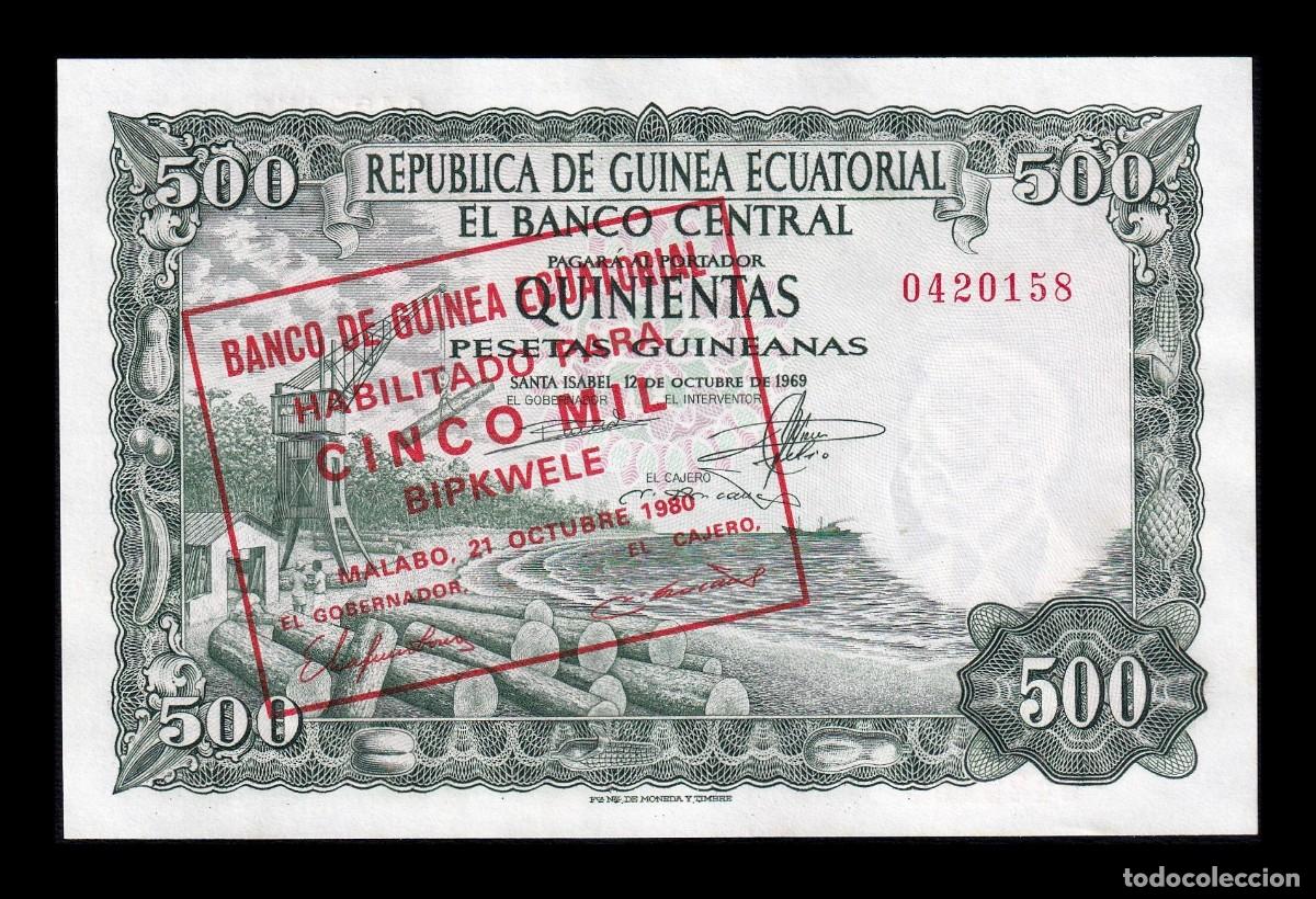 Billetes extranjeros: Guinea Ecuatorial 5000 Bipkwele en 500 Pesetas 1969 (1980) Pick 19 Sc Unc