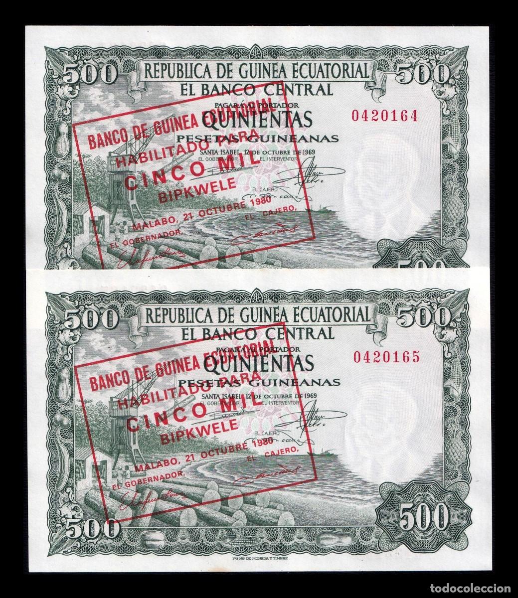 Billetes extranjeros: Guinea Ecuatorial Pareja Correlativa 5000 Bipkwele en 500 Pesetas 1980 Pick 19 Sc Unc