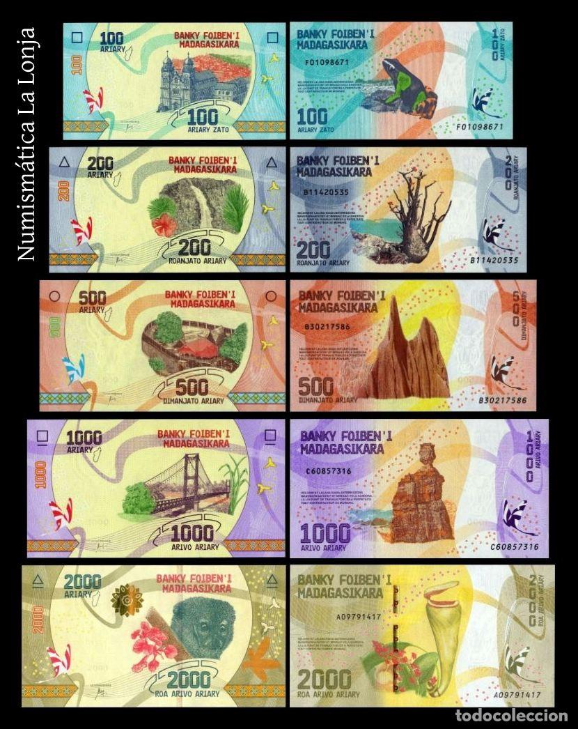 Billetes extranjeros: Madagascar Set 5 billetes 100 200 500 1000 2000 Ariary 2017 Pick 97a-101a Sc Unc