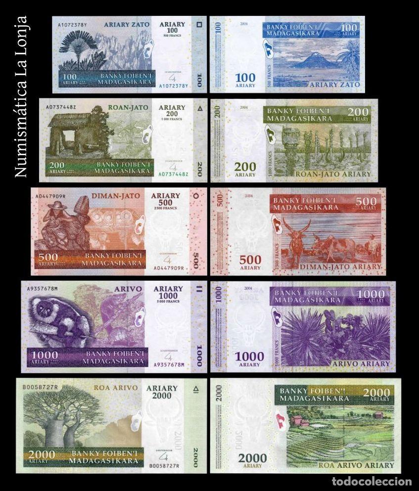Billetes extranjeros: Madagascar Set 5 billetes 100 200 500 1000 2000 Ariary 2004-2014 Pick 86b-90b Sc Unc