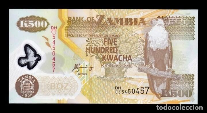 Billetes extranjeros: Zambia 500 Kwacha &Aacute;guila pescadora 2006 Pick 43e Pol&iacute;mero Sc Unc