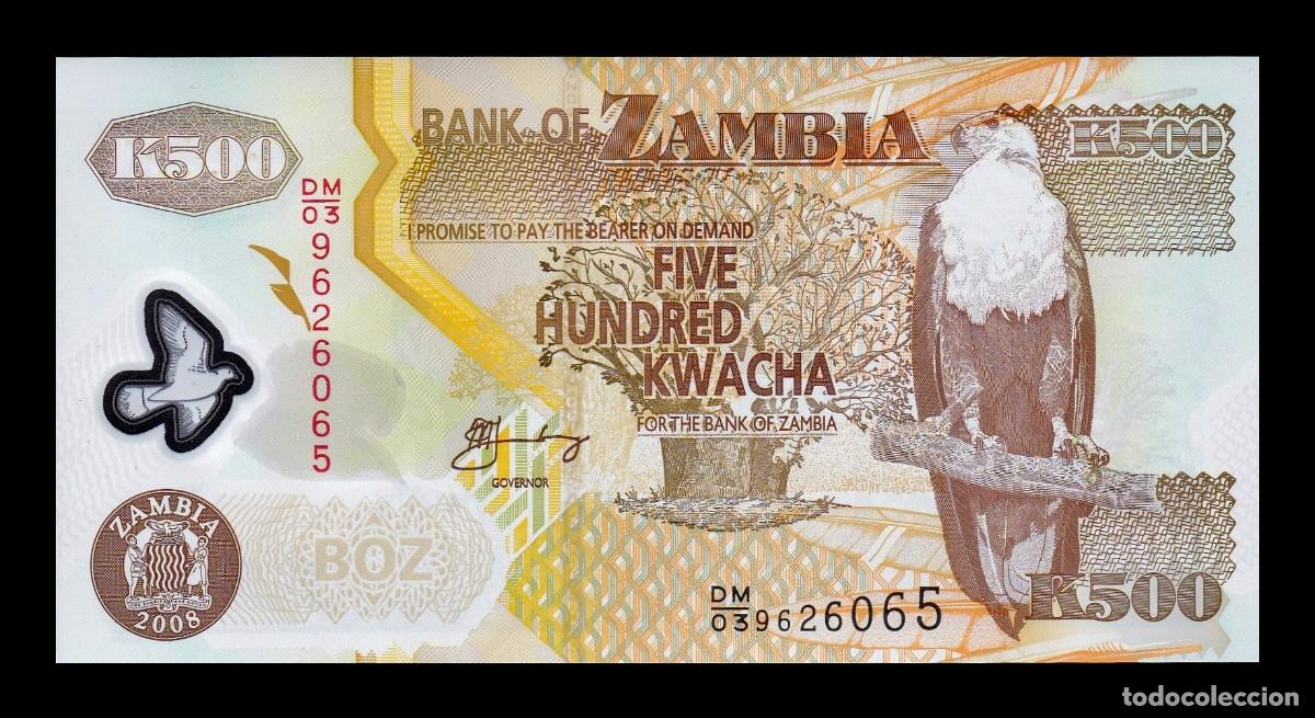 Billetes extranjeros: Zambia 500 Kwacha &Aacute;guila pescadora 2008 Pick 43f Pol&iacute;mero Sc Unc