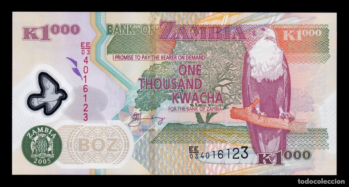 Billetes extranjeros: Zambia 1000 Kwacha &Aacute;guila pescadora 2005 Pick 44d Pol&iacute;mero Sc Unc