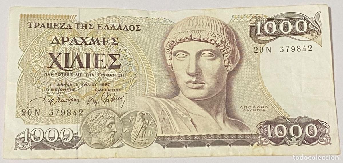 Billetes extranjeros: Billete 1987. 1000 Dracmas. Grecia. P-202a. MBC. Dios Apolo. Lanzador de disco. Olimpia