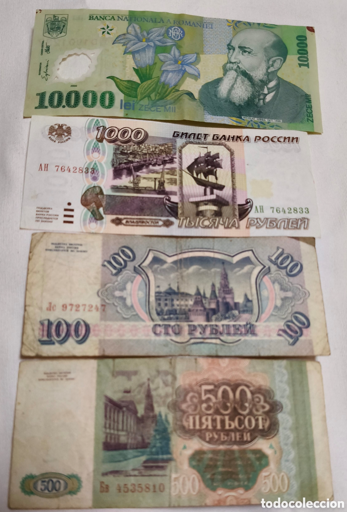 Billetes extranjeros: T&iacute;tulo:Lote 4 Billetes A&ntilde;os 90/2000 -Rusia (100, 500, 1000 Rublos) +Ruman&iacute;a(10.000 Le&iacute; polimero