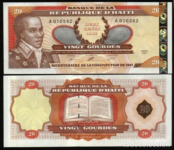 Billetes extranjeros: HAITI. Conmemorativo 20 gourdes 2001. Pick 271A. S/C. Sello plateado. doble letra en prefijo.