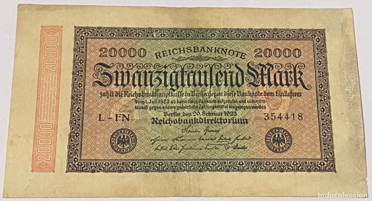 Billetes extranjeros: Billete 1923. 20.000 Marcos. Berl&iacute;n, Alemania. Marca G D. MBC-. Rep&uacute;blica de Weimar