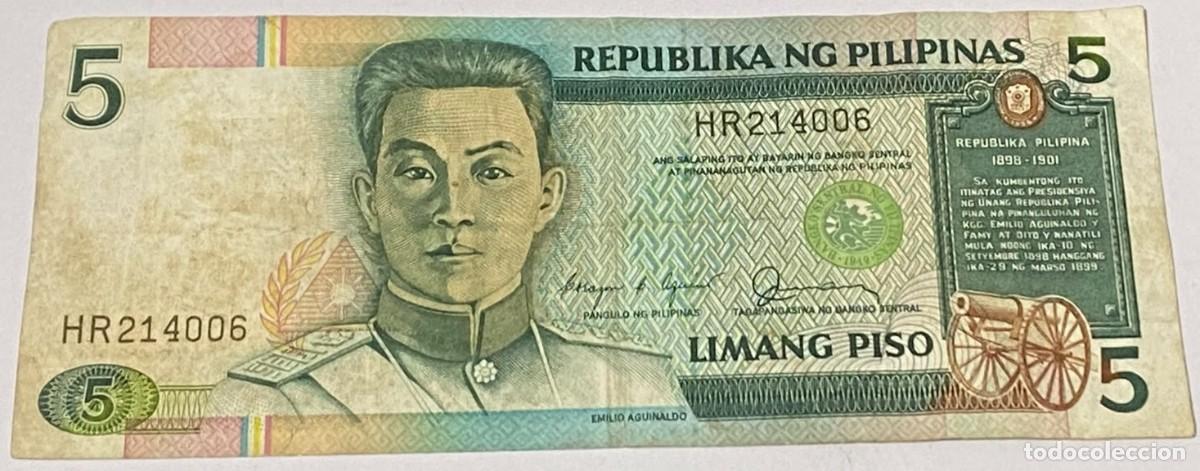 Billetes extranjeros: Billete 1986. 5 Piso. Filipinas. P-168b. MBC. Declaraci&oacute;n Independencia de Espa&ntilde;a. 1898. Firmas: C.