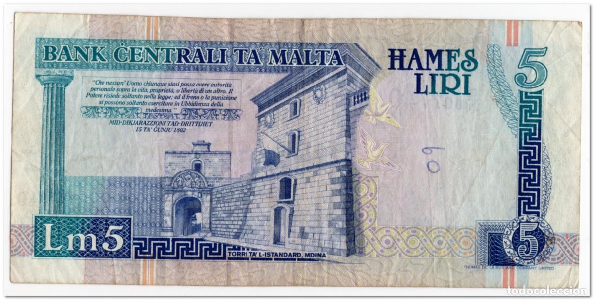 Billetes extranjeros: MALTA,5 LIRI,1994,P.46c,FINE - Foto 2