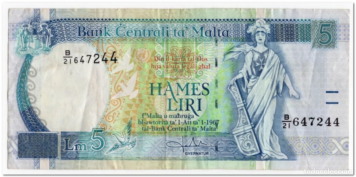 Billetes extranjeros: MALTA,5 LIRI,1994,P.46b,aVF