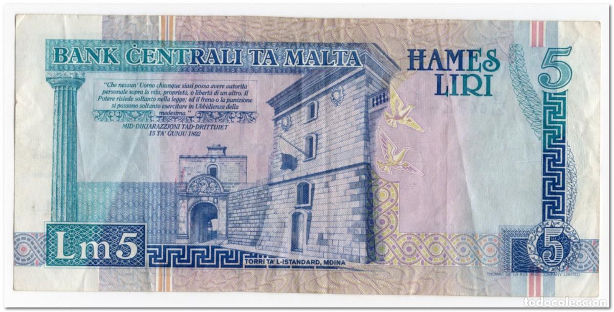 Billetes extranjeros: MALTA,5 LIRI,1994,P.46b,aVF - Foto 2