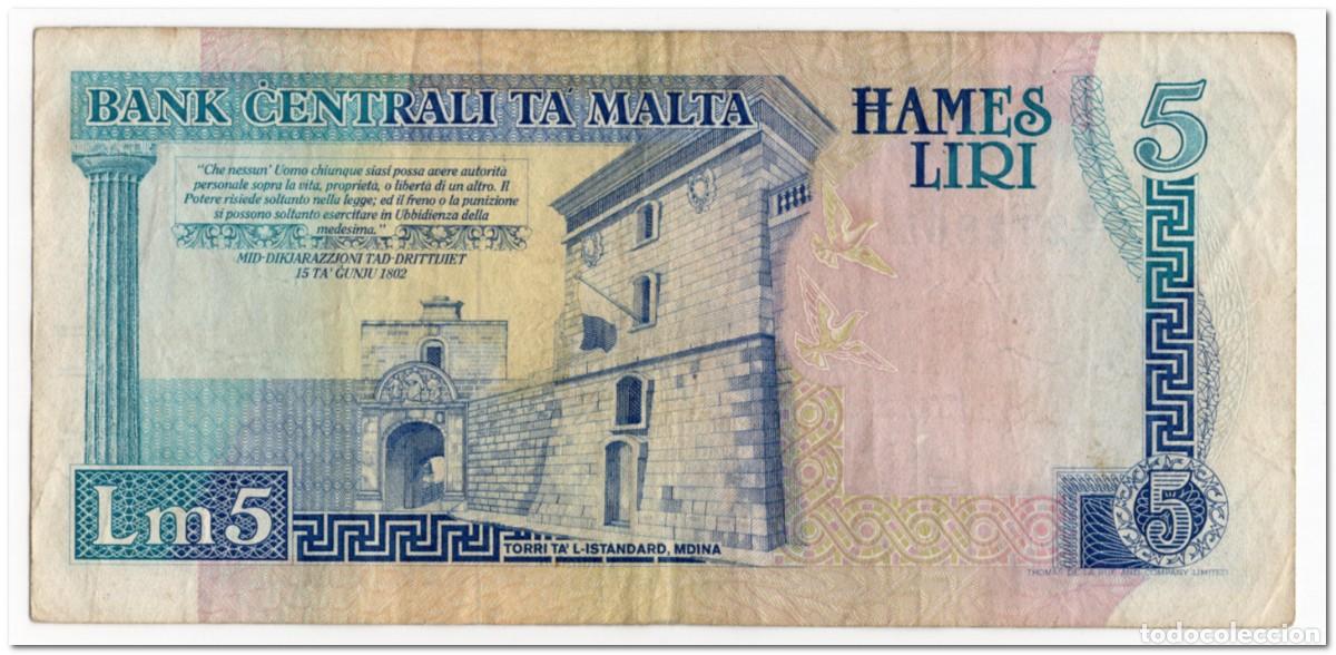 Billetes extranjeros: MALTA,5 LIRI,1994,P.46a,FINE - Foto 2