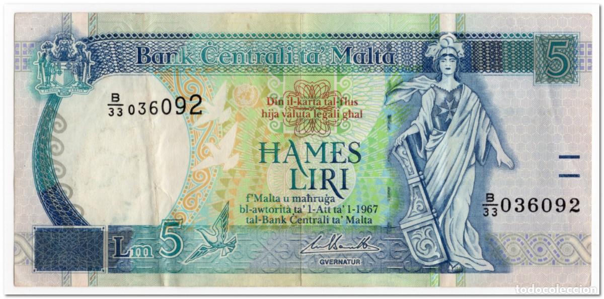 Billetes extranjeros: MALTA,5 LIRI,1994,P.46d,VF - Foto 1
