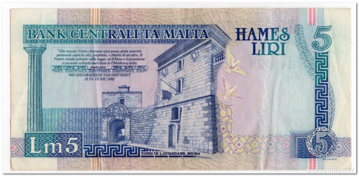 Billetes extranjeros: MALTA,5 LIRI,1994,P.46d,VF - Foto 2