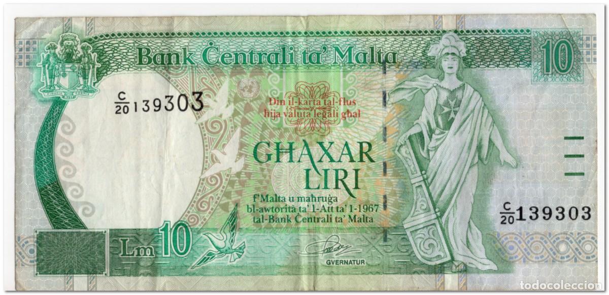 Billetes extranjeros: MALTA,10 LIRI,L.1967 (1994),P.47a,aVF