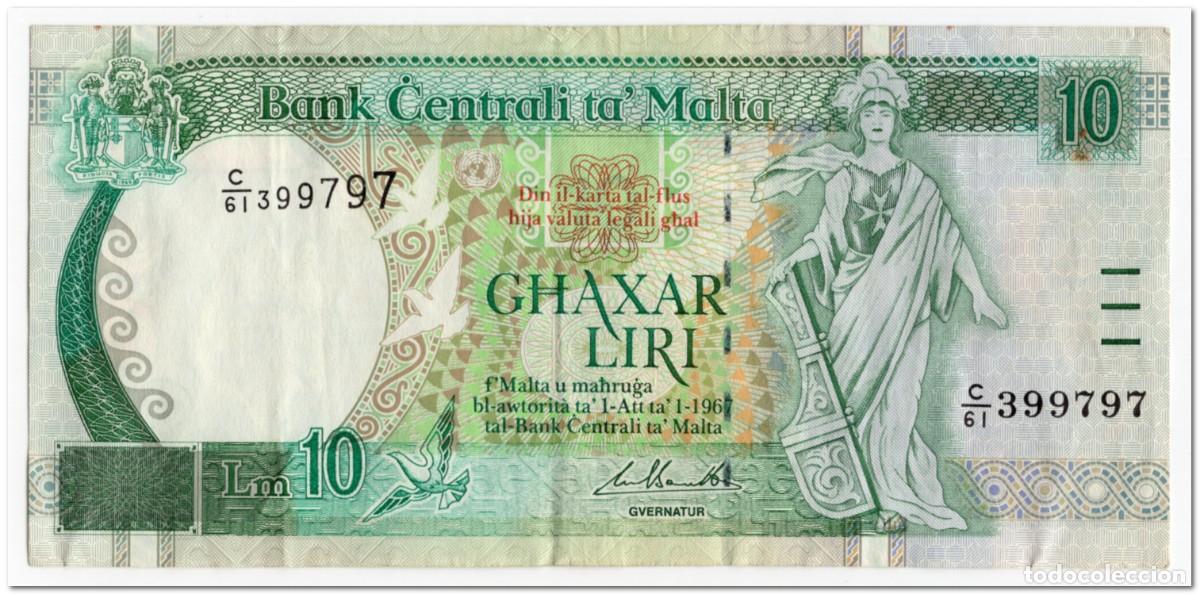 Billetes extranjeros: MALTA,10 LIRI,L.1967 (1994),P.47c,VF