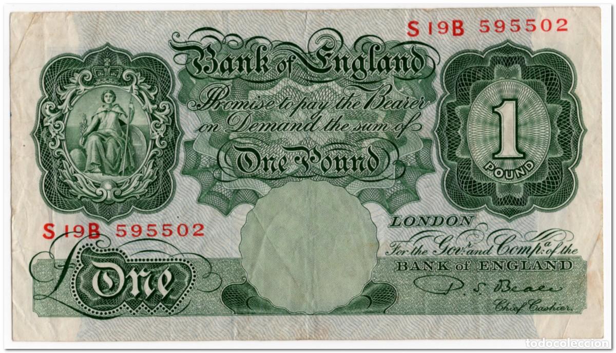 Billetes extranjeros: GREAT BRITAIN,ENGLAND,1 POUND,1949-55,P.369b,F+