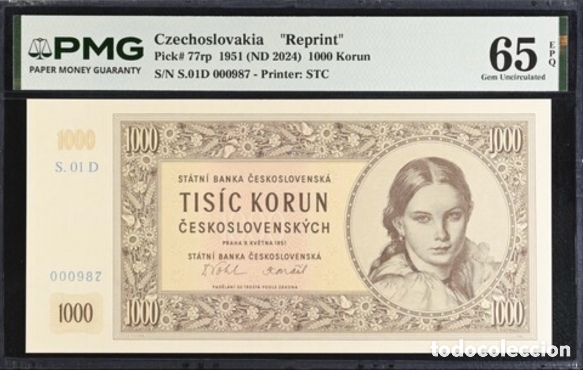 Billetes extranjeros: Billete Czechoslovakia 1000 Korun 1951/2023 Official Reprint PMG 65