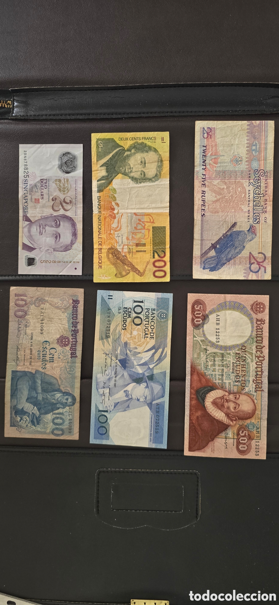 Billetes extranjeros: Lote 6 billetes del mundo: Portugal (500 y 2x100 escudos), B&eacute;lgica 200 francos, Seychelles 25 rupias