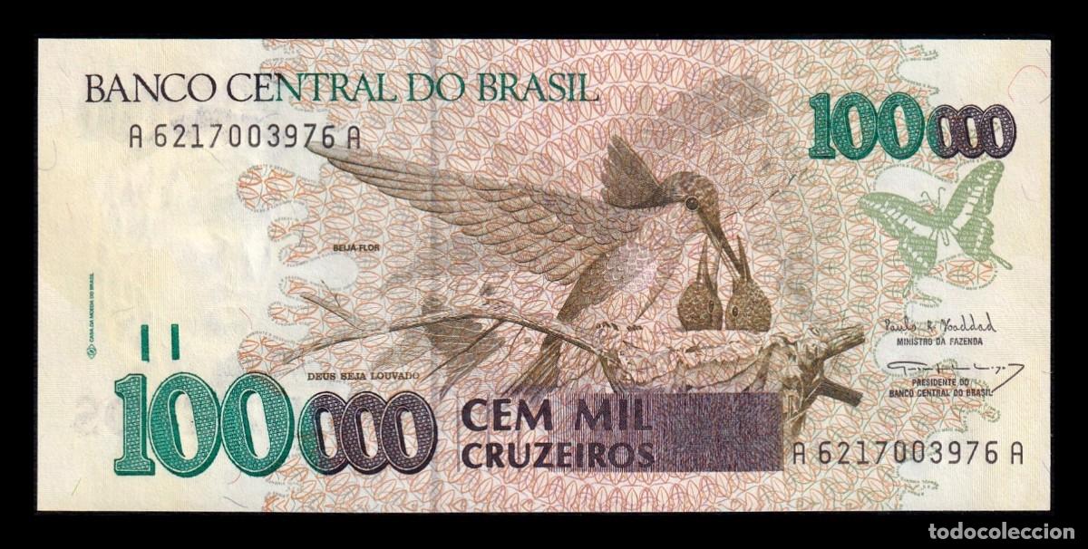 Billetes extranjeros: Brasil 100000 Cruzeiros Colibr&iacute; (1992-1993) Pick 235b Sc Unc