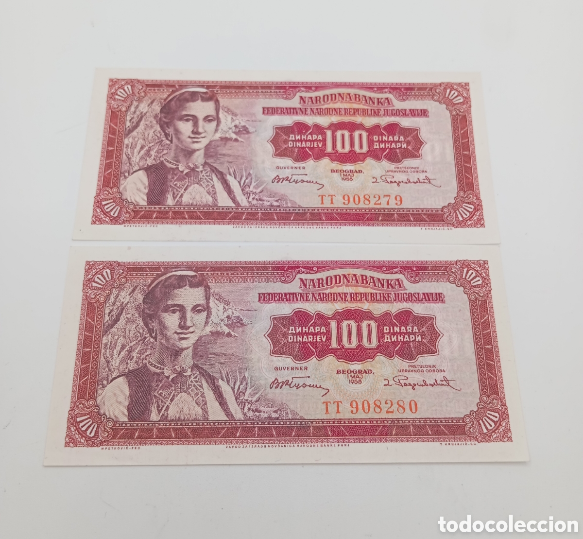 Billetes extranjeros: 2 billetes correlativos de 100 dirana Yugoslavia 1955