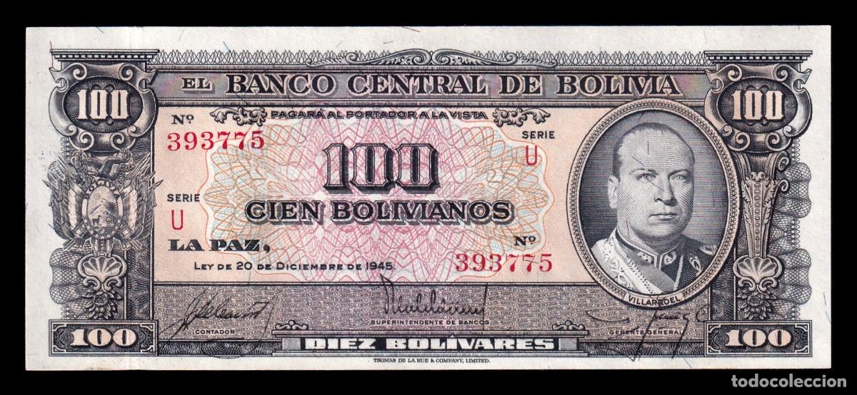 Billetes extranjeros: Bolivia 100 Bolivianos = 10 Bol&iacute;vares Gualberto Villaroel 1945 Pick 147b Serie U Sc Unc
