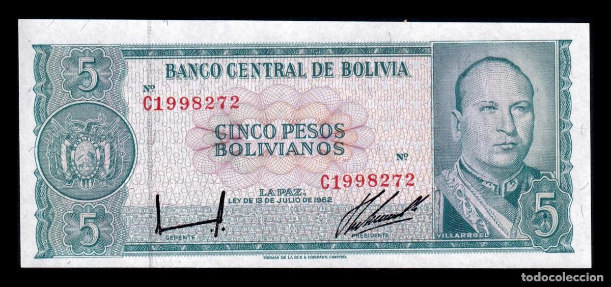 Billetes extranjeros: Bolivia 5 Pesos Bolivianos = 5000 Bolivianos Gualberto Villaroel 1962 Pick 153a(10) Sc Unc