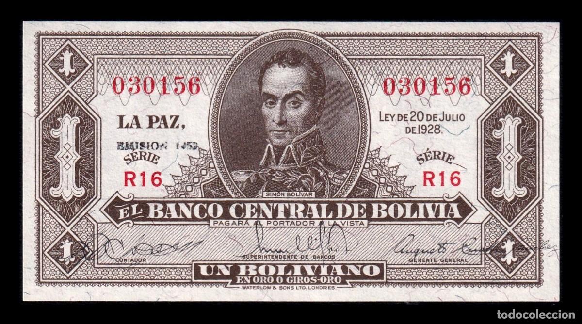 Billetes extranjeros: Bolivia 1 Bolivianos Sim&oacute;n Bol&iacute;var L. 1928 (1952) Pick 128c(2) Sc Unc