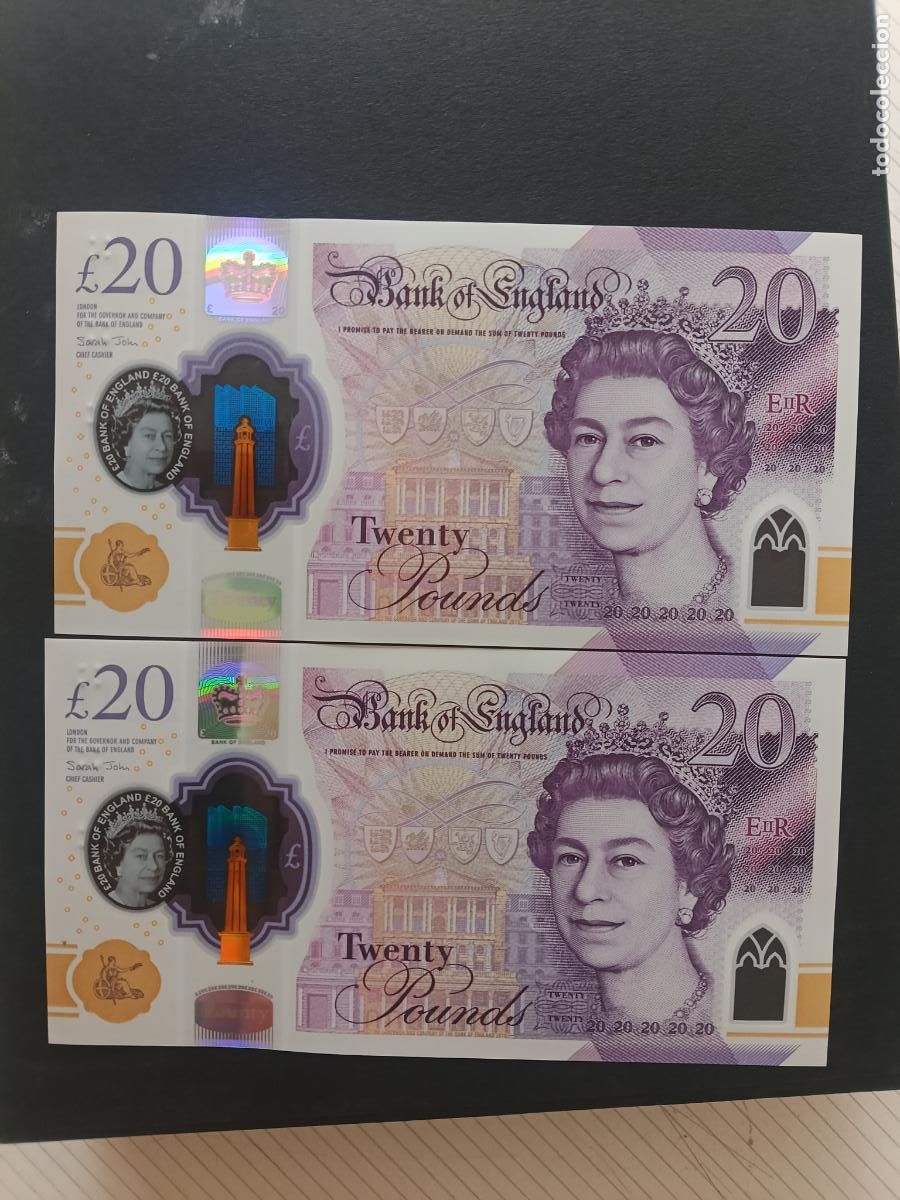 Billetes extranjeros: Reino Unido: pareja de correlativos, 20 pounds, 20 libras SC UNC