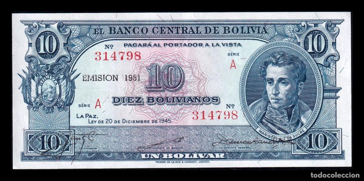 Billetes extranjeros: Bolivia 10 Bolivianos = 1 Bol&iacute;var Antonio Jos&eacute; de Sucre L. 1945 (1951) Pick 139a Sc Unc