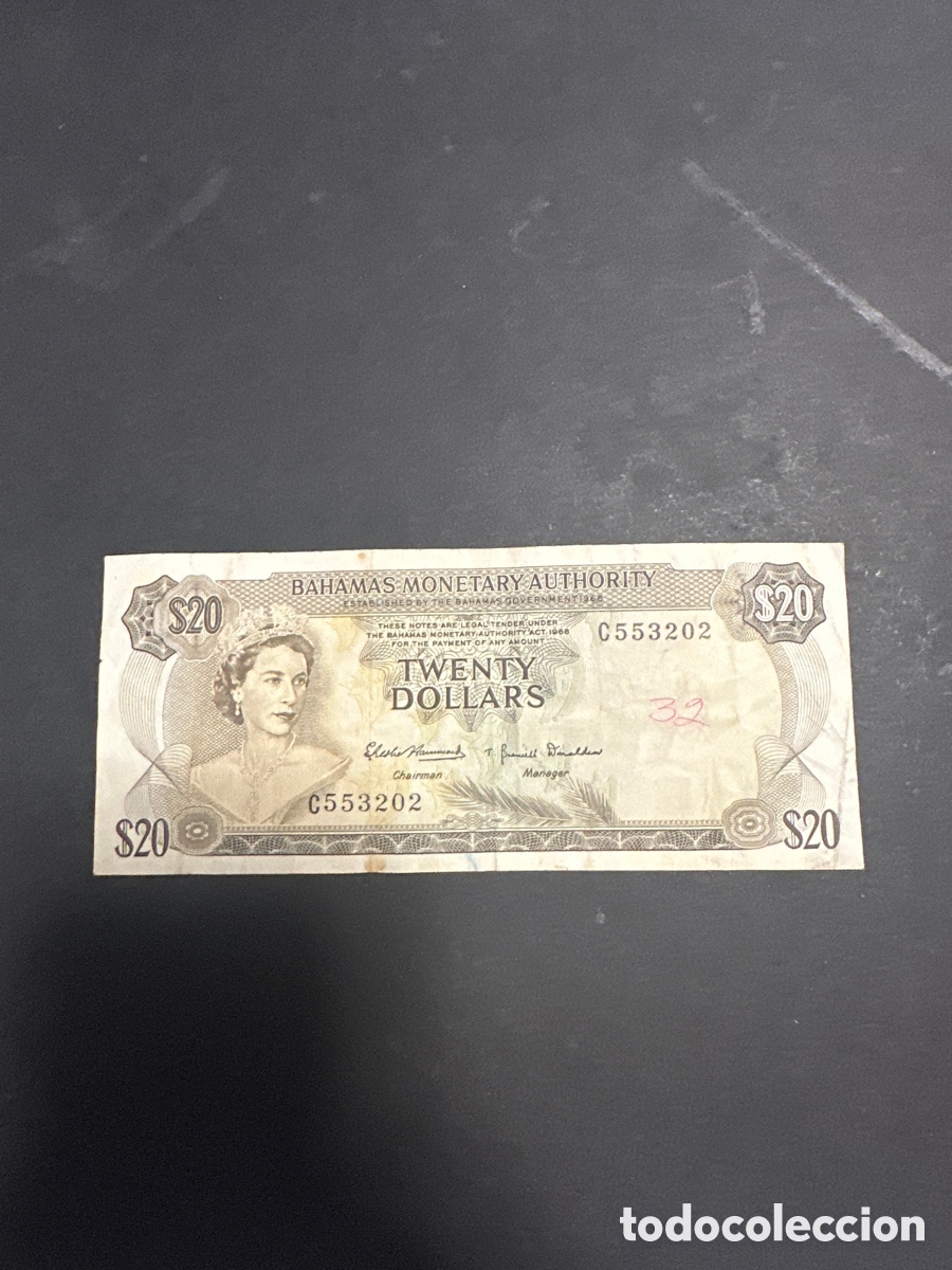 Billetes extranjeros: Billete de Bahamas de 20 dollars a&ntilde;o 1968