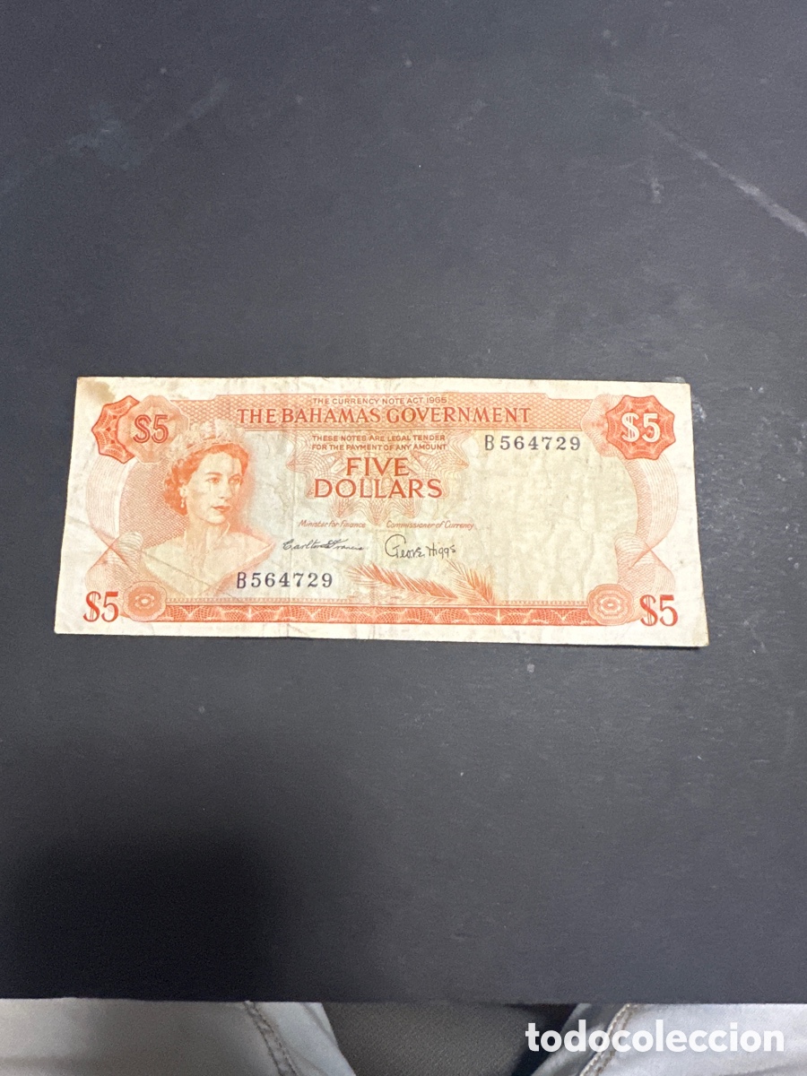 Billetes extranjeros: Billete de Bahamas de 5 dollars a&ntilde;o 1965