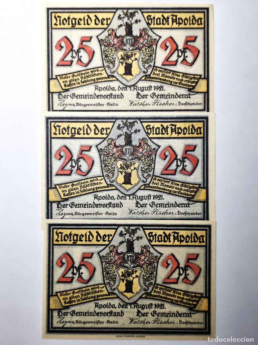 Billetes extranjeros: LOTE 3 BILLETES NOTGELD APOLDA 1921