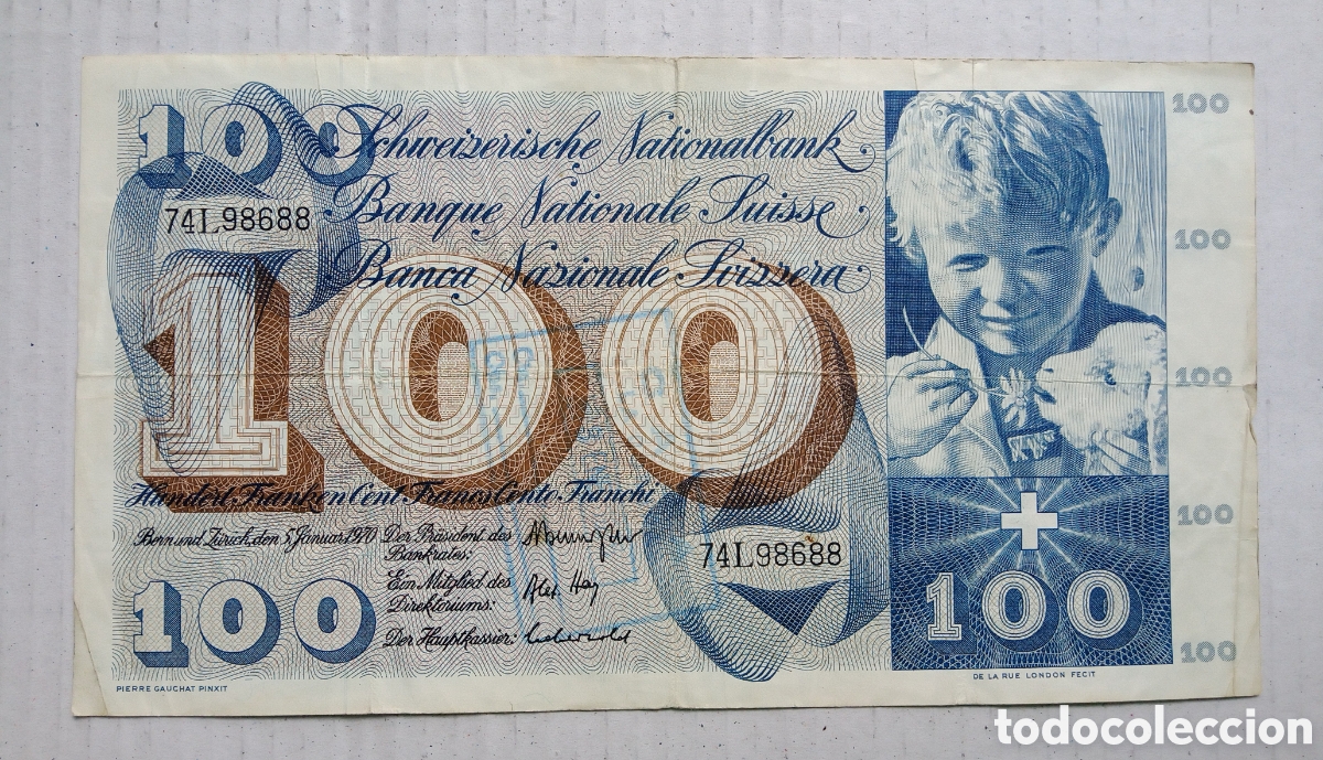 Billetes extranjeros: ZUIZA - 100 Francos 1970 - 74L 98688 - Tamp&oacute;n azul - Rc