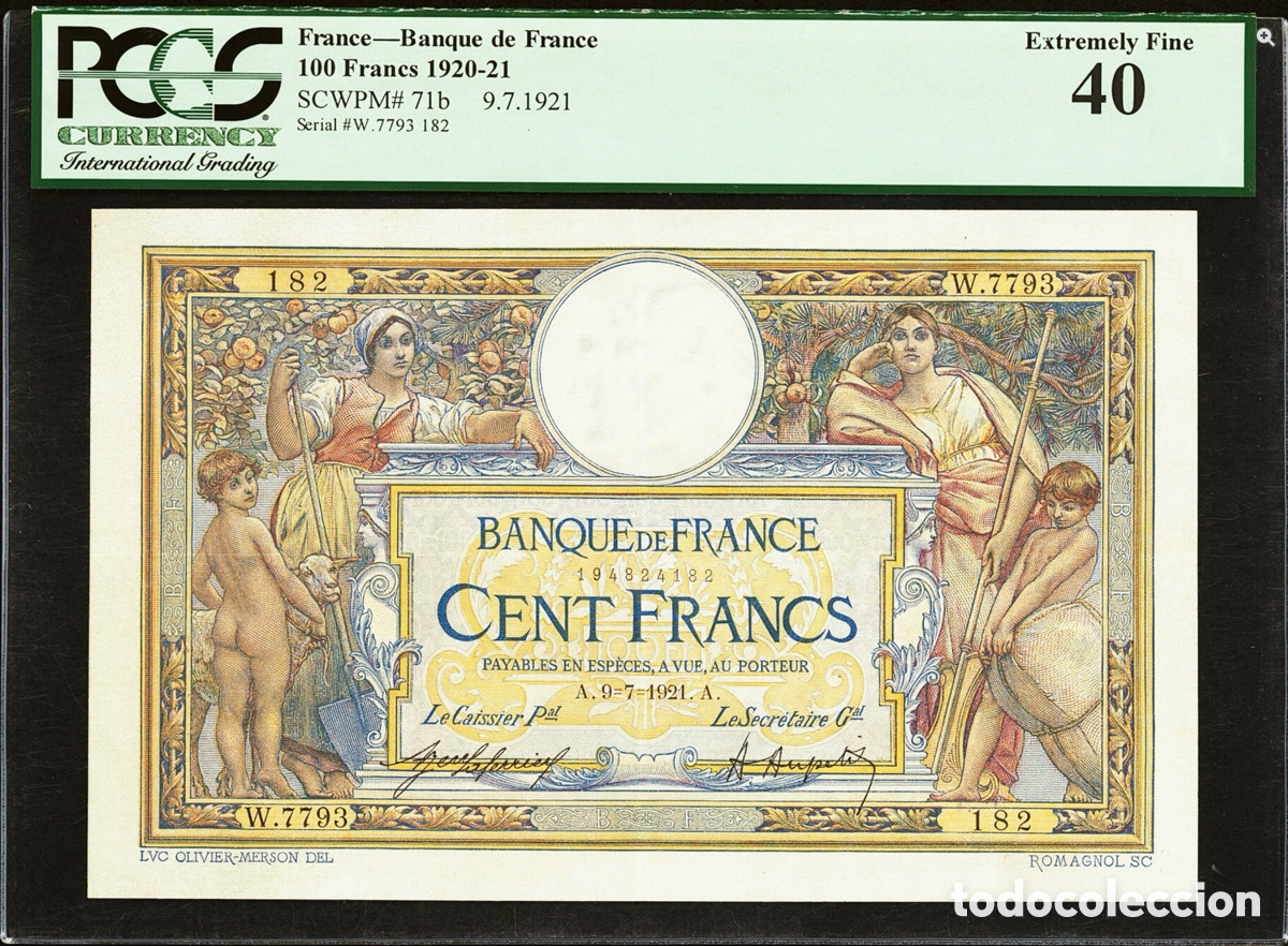 Billetes extranjeros: Billete Francia 100 Francos 1920-21 PCGS 40 p71b