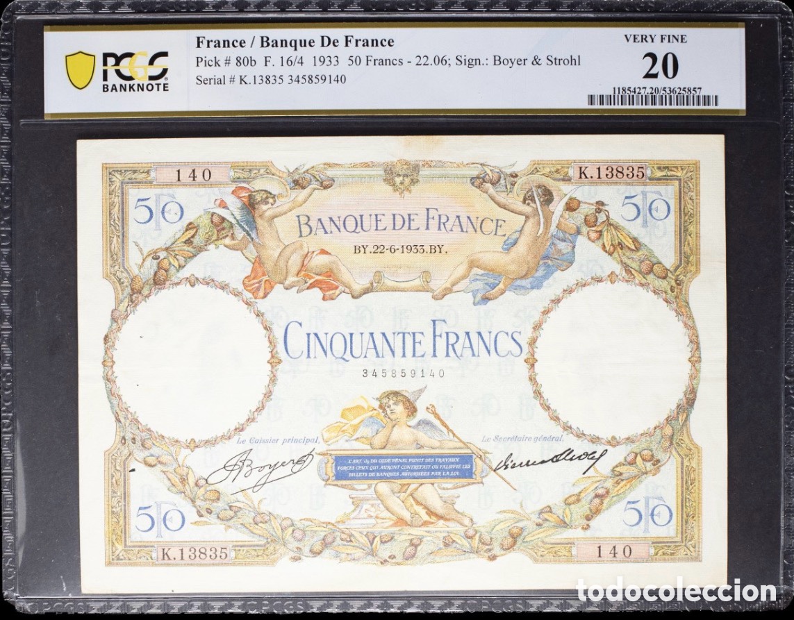 Billetes extranjeros: Billete Francia 50 Francos 1933 PCGS 20 p80b