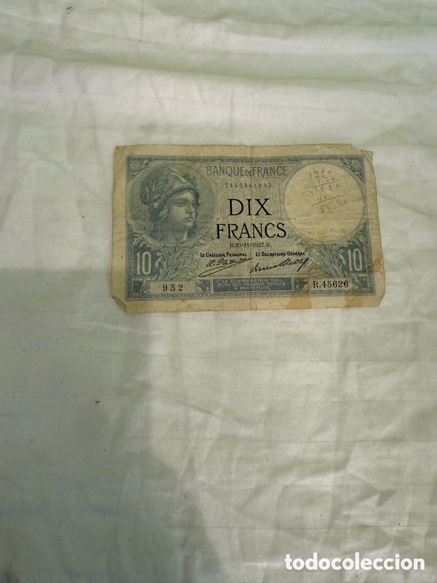 Banconote internazionali: Billete Francia 10 francos Minerve 1927 &ndash; Banque de France &ndash; Antiguo